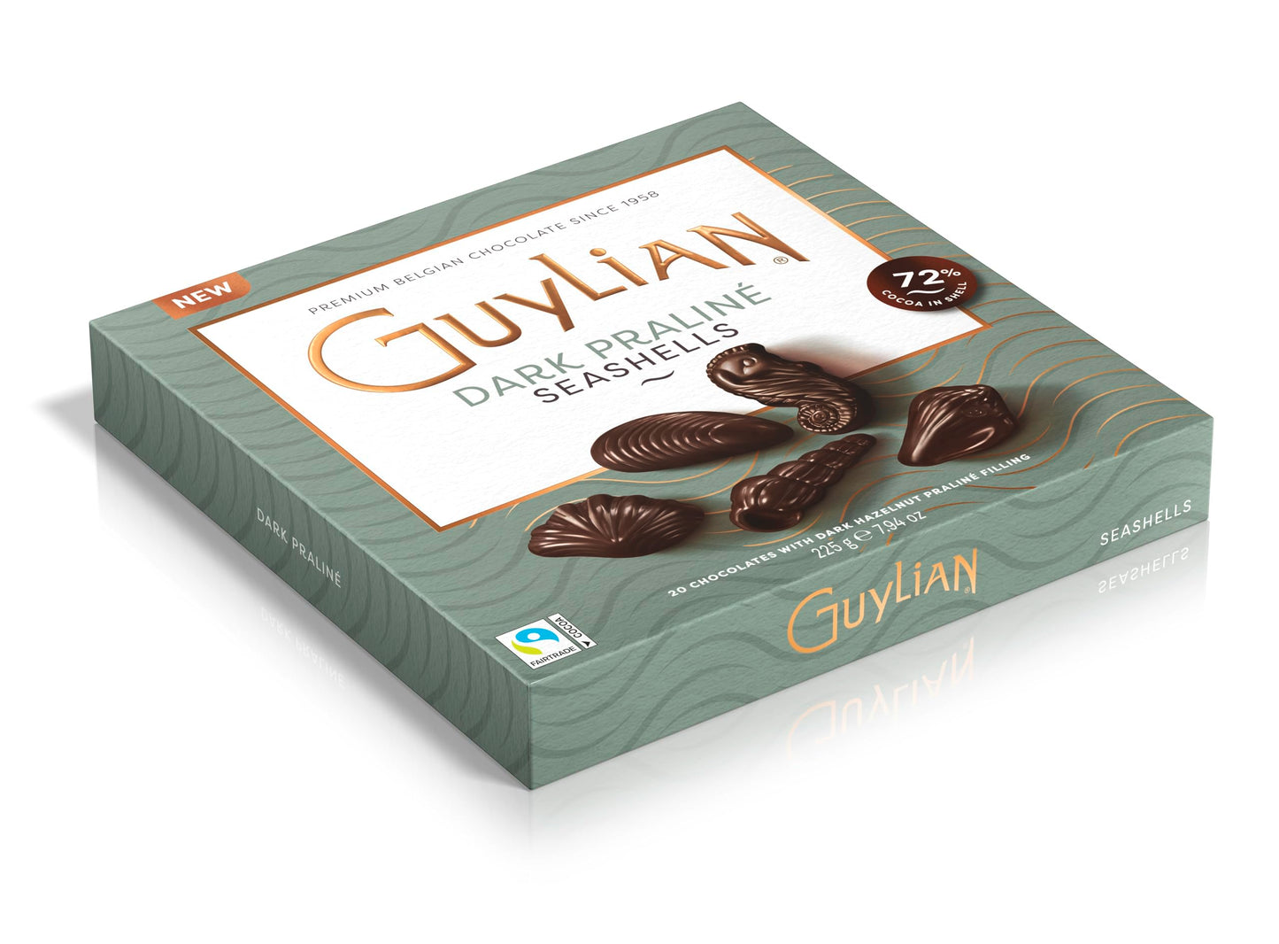 Guylian Belgian Chocolate Chocolates, Chocolate Filled with Dark Chocolate Praline, Chocolate in the shape of Sea Fruits with 72% Cocoa, 20 Units per Box, 225 g