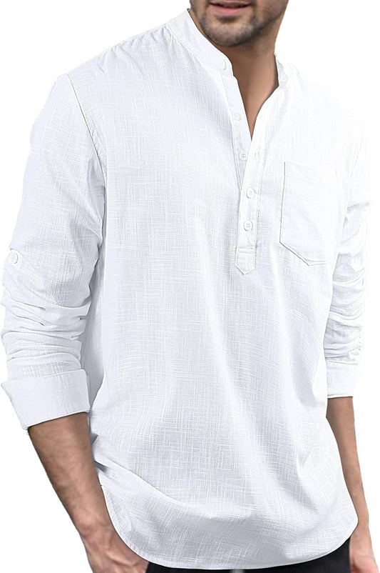 Enlision Men's Linen Shirt Long Sleeve Casual Summer Shirts Loose Leisure Solid Color Button Down Shirt Top with Pocket