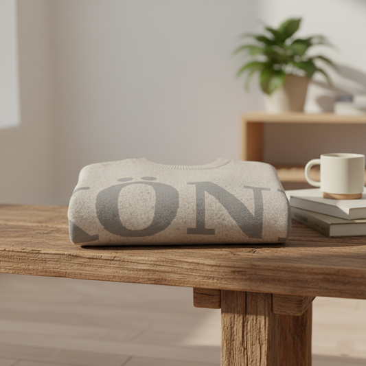 Detalle del suéter KÖNE beige doblado mostrando textura del tejido y logo en grande.