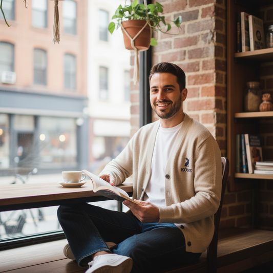 Hombre con cárdigan beige KÖNE, sentado en cafetería con taza de café, estilo casual elegante.