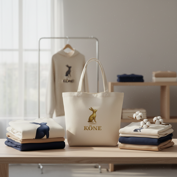 Colección KÖNE de algodón 100% orgánico - Tote bag ecológica con logo dorado sobre perchero minimalista con ropa doblada en tonos tierra y beige