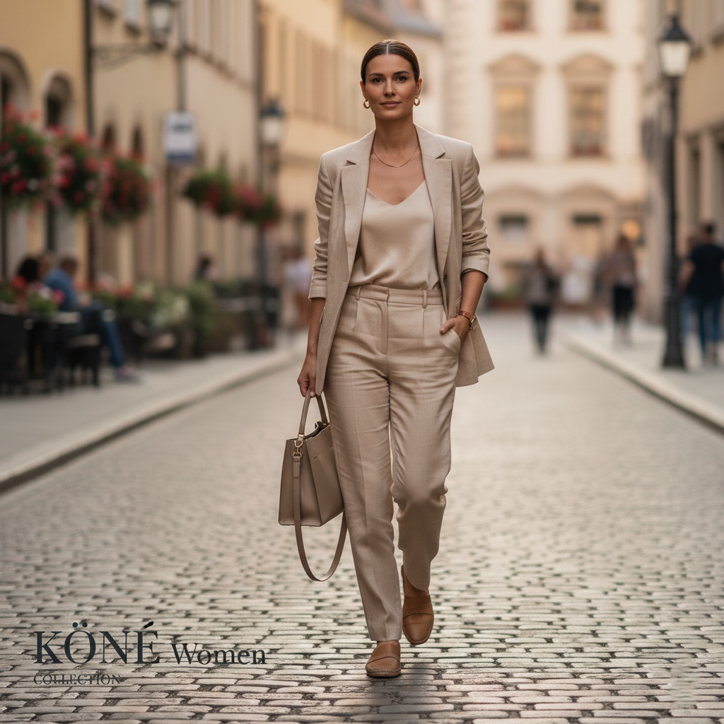Mujer elegante con conjunto beige minimalista caminando por una calle urbana – KÖNE Women Collection
