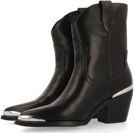 GIOSEPPO Roslyn Women's Black Cowboy Style Ankle Boot with Metal Detail in Toe and Heel