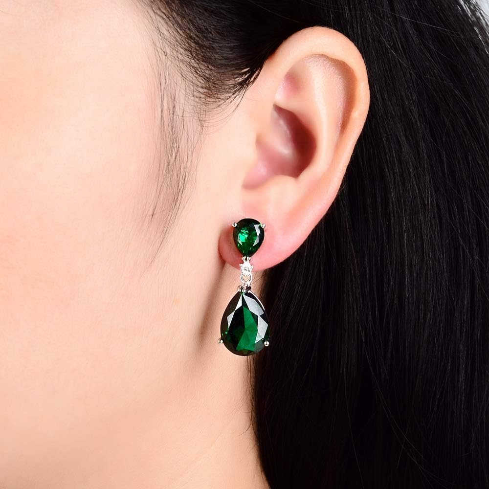 [RIZILIA CELEBOX] Teardrop Earrings Long Piercing Earrings with Pear Cut Gemstones CZ in 18K White Gold Plated, Celebrity Inspired by Angelina Jolie