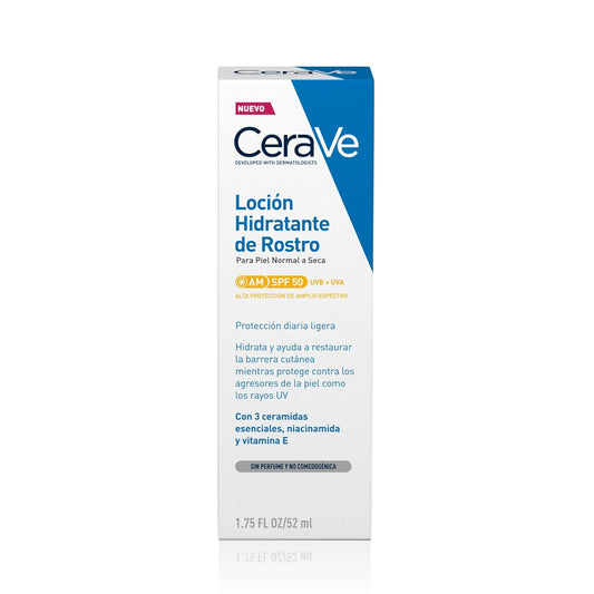 CeraVe, Loción Hidratante de Rostro SPF 50, Para Piel Normal a Seca, Hidratación y Alta Protección Contra los Rayos UVB/UVA, Enriquecida con Ceramidas, 52ml