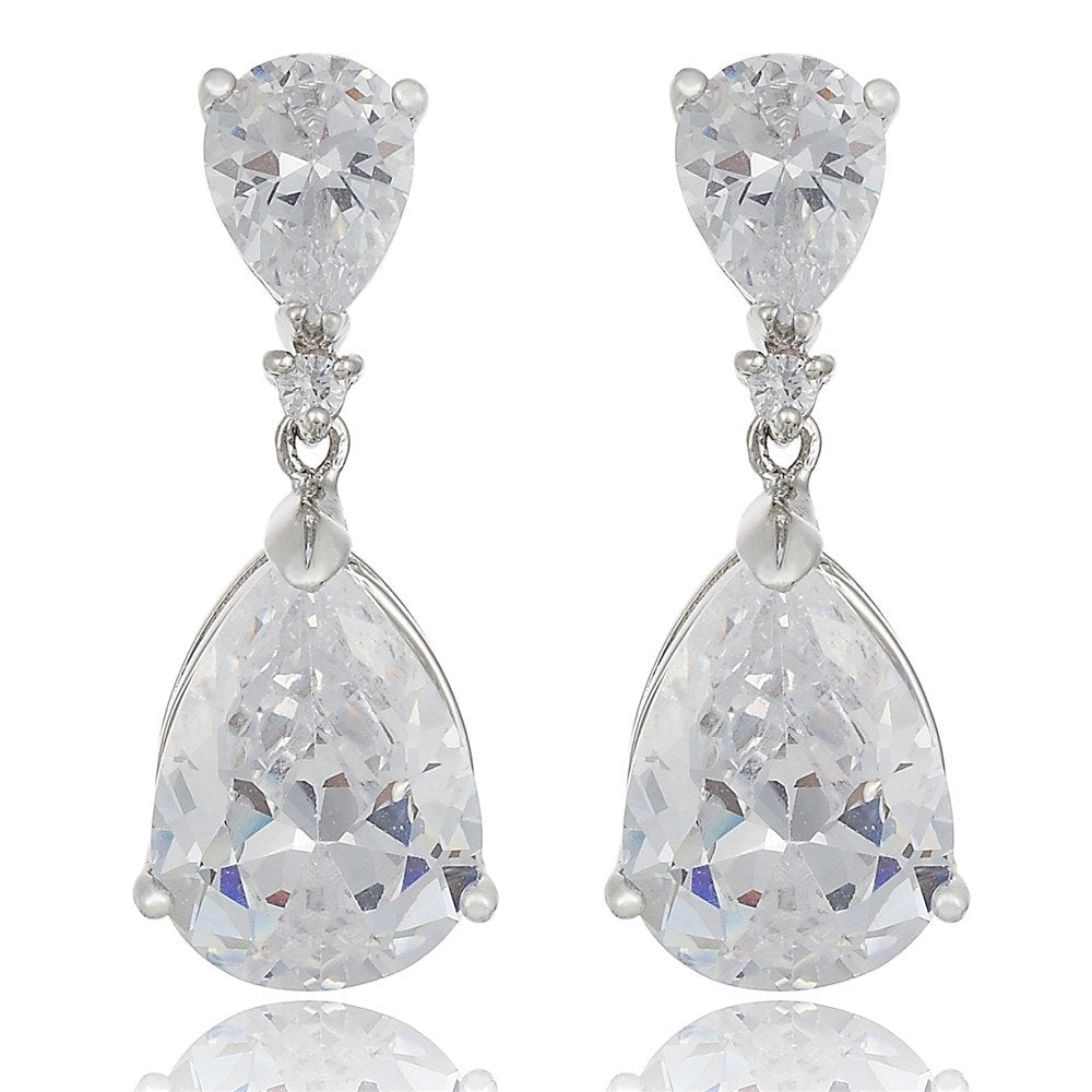 [RIZILIA CELEBOX] Teardrop Earrings Long Piercing Earrings with Pear Cut Gemstones CZ in 18K White Gold Plated, Celebrity Inspired by Angelina Jolie