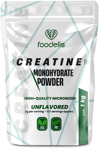 Foodelis Creatine Monohydrate Powder 1kg / 333 Doses - 100% Micronized Creatine Monohydrate - Unflavored - Pure and No Additives - Non-GMO - High Solubility - Includes Doser