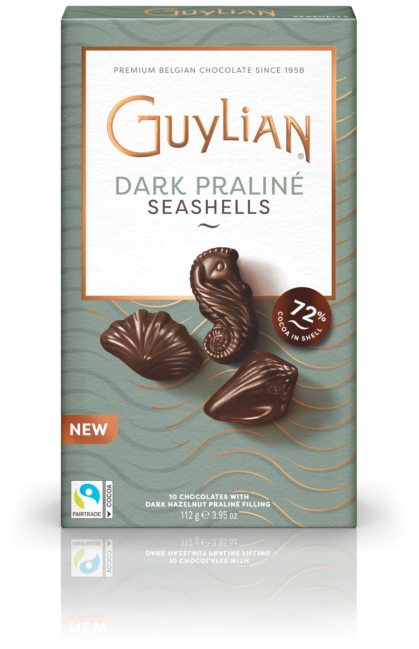 Guylian Belgian Chocolate Chocolates, Chocolate Filled with Dark Chocolate Praline, Chocolate in the shape of Sea Fruits with 72% Cocoa, 20 Units per Box, 225 g