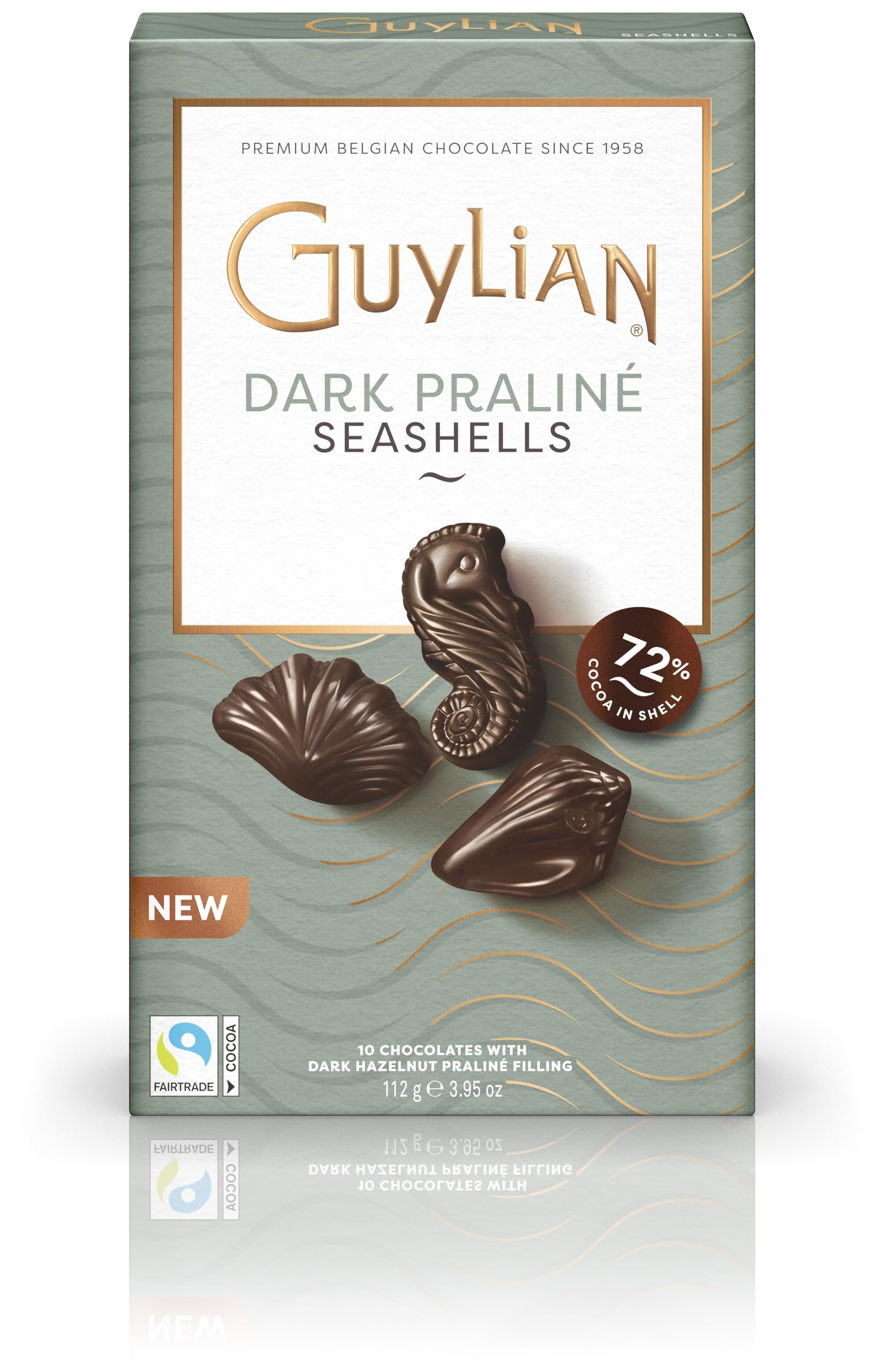 Guylian Belgian Chocolate Chocolates, Chocolate Filled with Dark Chocolate Praline, Chocolate in the shape of Sea Fruits with 72% Cocoa, 20 Units per Box, 225 g