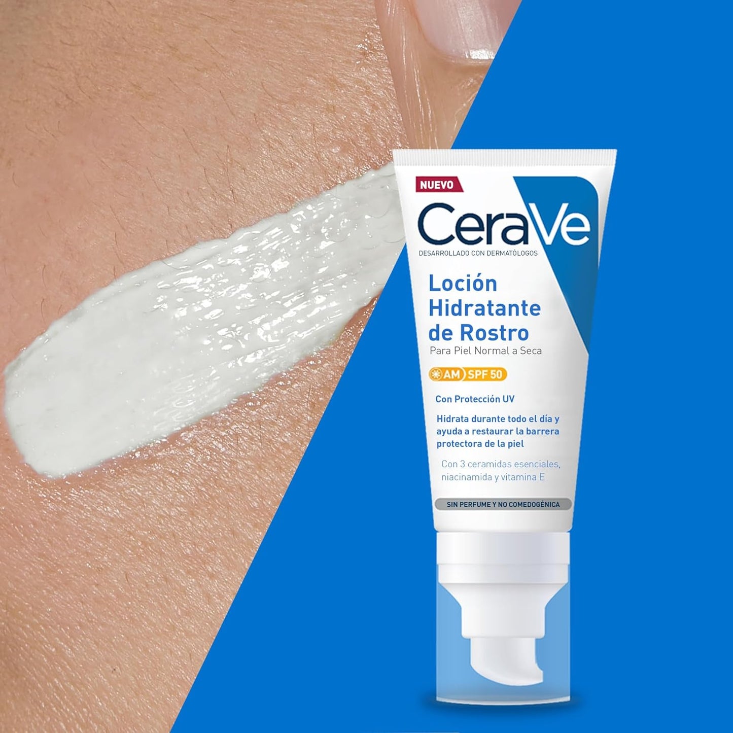CeraVe, Loción Hidratante de Rostro SPF 50, Para Piel Normal a Seca, Hidratación y Alta Protección Contra los Rayos UVB/UVA, Enriquecida con Ceramidas, 52ml