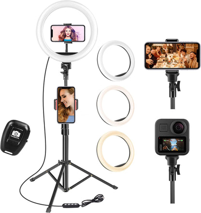 Ring Light with Tripode, 10" Ring Light with Remote Control 3 Modes 10 Brightness Dimmable Ring Light for TikTok, Makeup, Selfie, Streaming, Youtube, Twich Live