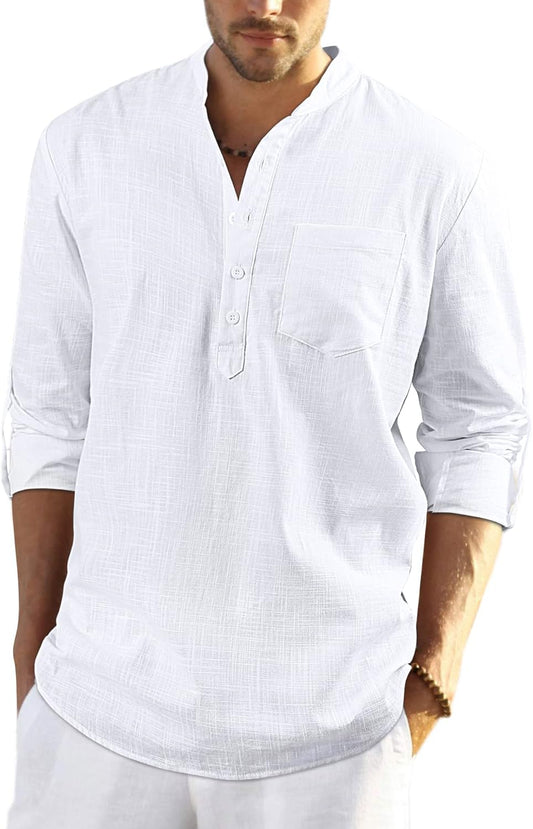 Enlision Men's Linen Shirt Long Sleeve Casual Summer Shirts Loose Leisure Solid Color Button Down Shirt Top with Pocket