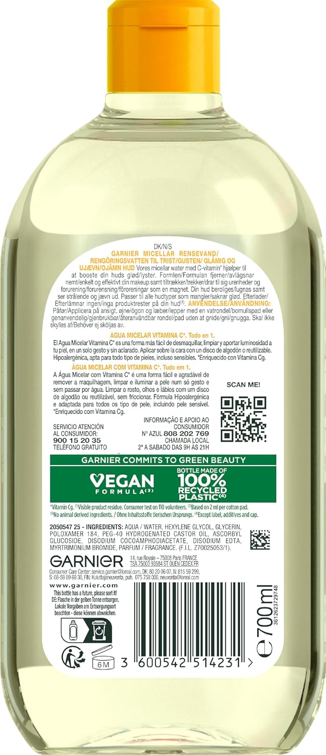 Garnier Micellar Water with Vitamin C, Cleanses, Removes and Brightens Off Skin, Hypoallergenic Formula, 700 ml