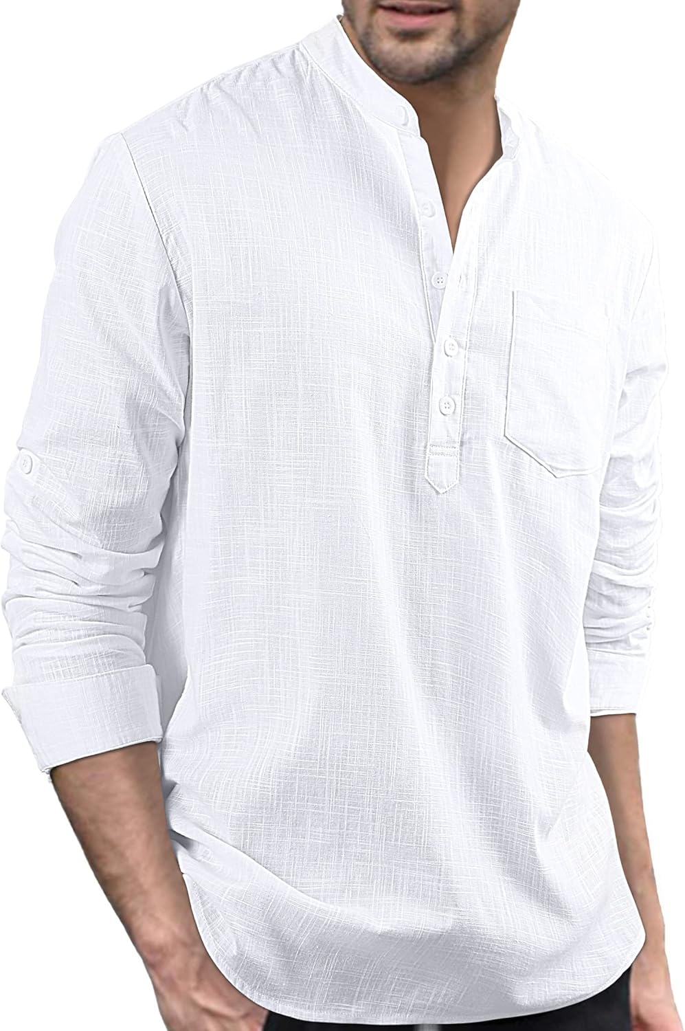 Enlision Men's Linen Shirt Long Sleeve Casual Summer Shirts Loose Leisure Solid Color Button Down Shirt Top with Pocket