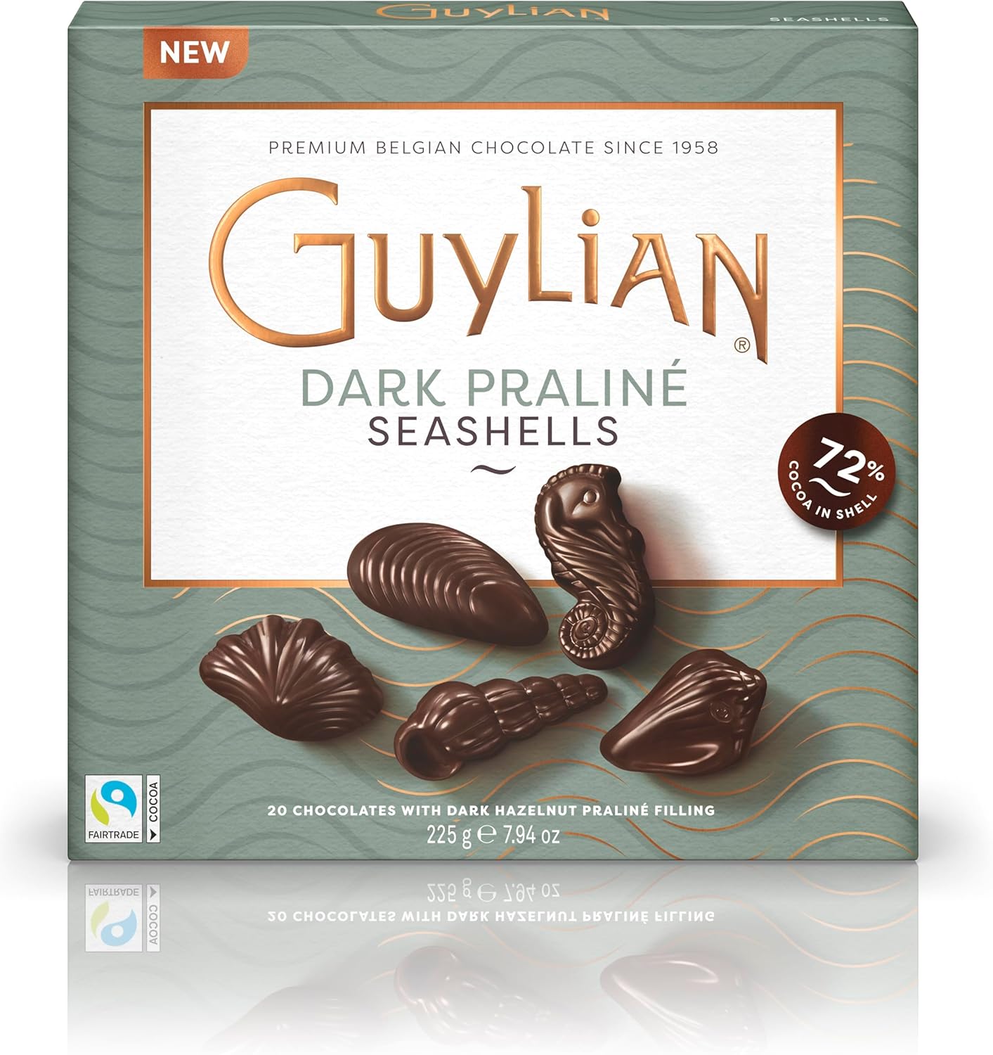 Guylian Belgian Chocolate Chocolates, Chocolate Filled with Dark Chocolate Praline, Chocolate in the shape of Sea Fruits with 72% Cocoa, 20 Units per Box, 225 g