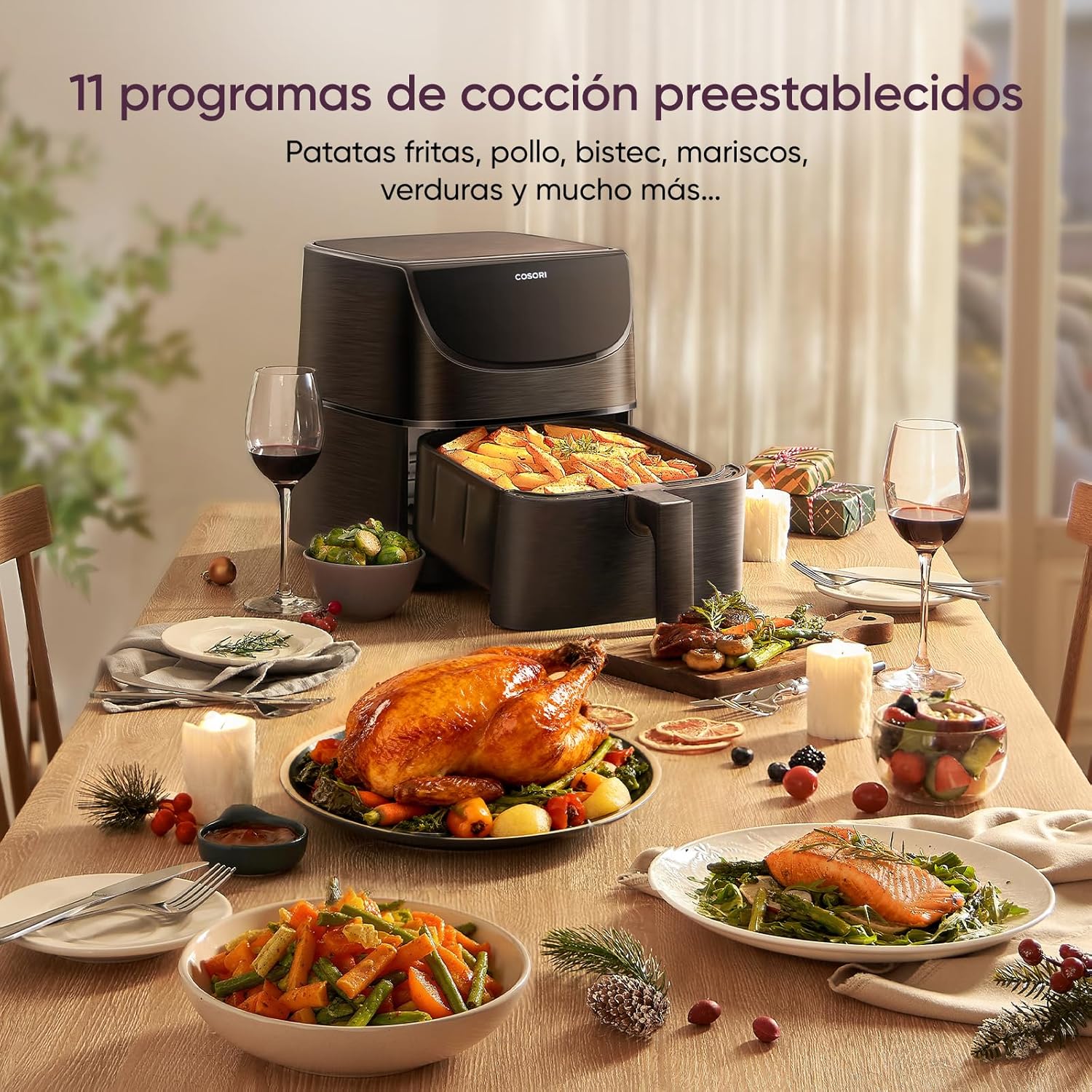 Cosori Air Fryer 5.7L Real Metallic Interior, Air Fryer Anti-Rust Design, Uniform Heating Technology, 40 Recipes, Fat Reduction for Healthy Living, Energy Efficiency, 1700W