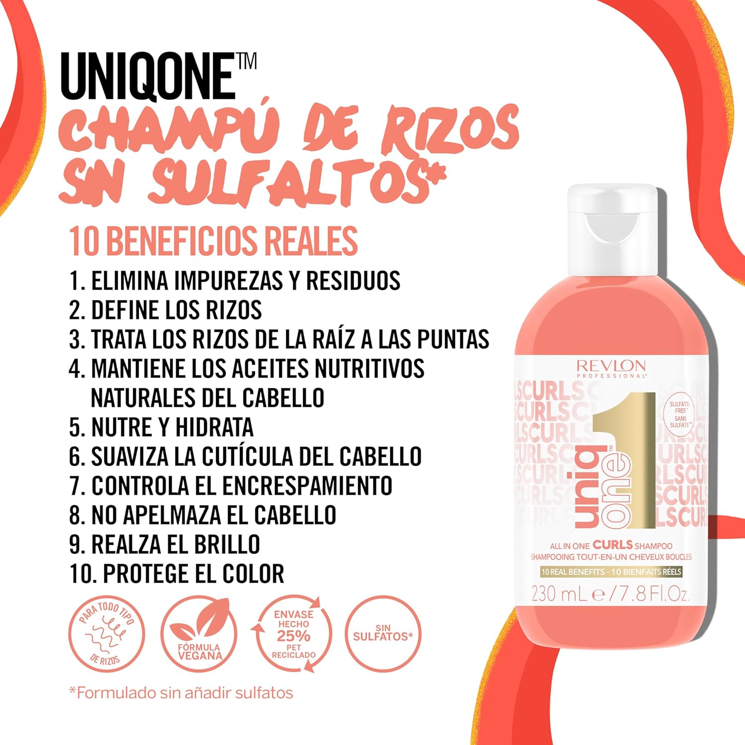 REVLON PROFESSIONAL UniqOne All in One Curls, Nourishing Shampoo for Curls, Moisturizes and Defines Curly or Wavy Hair, Hair Care with Anti-Frizz Effect and Vegan Formula, 230 ml