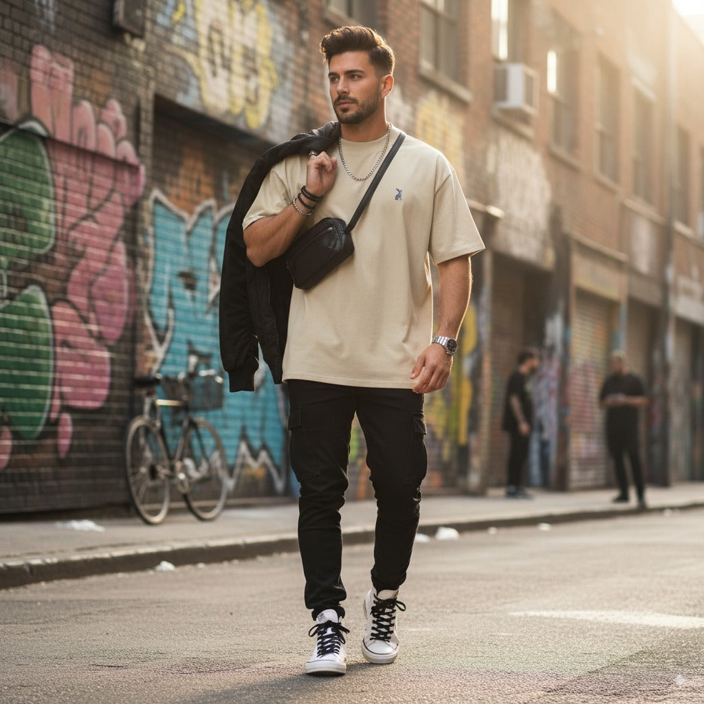 Modelo con camiseta beige KÖNE combinada con chaqueta vaquera en look urbano