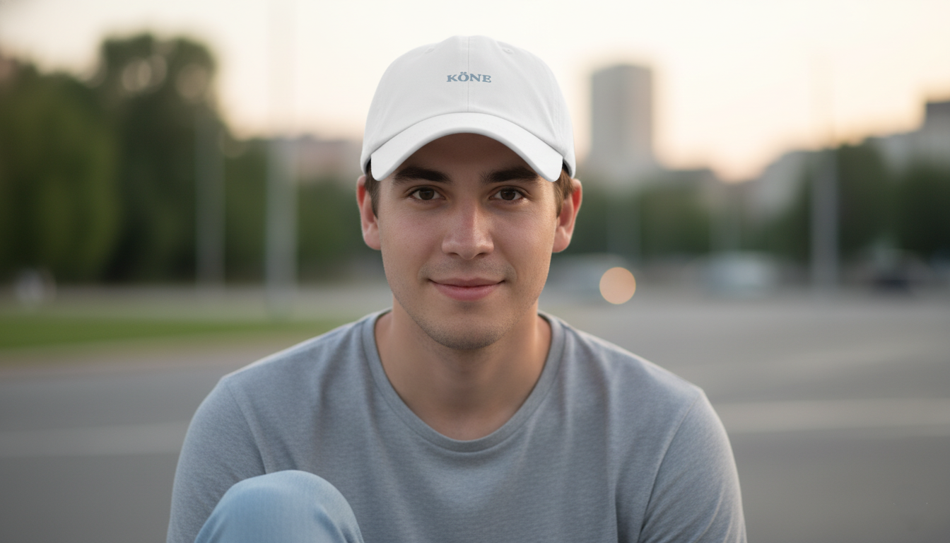 Modelo con gorra KÖNE blanca estilo “dad cap” en ambiente urbano.