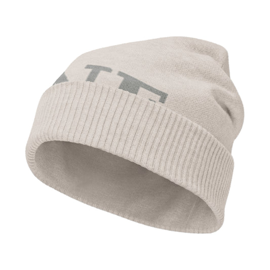 Gorro KÖNE beige claro con logo gris, tejido de punto ligero y ribete elástico.