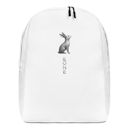 Mochila KÖNE blanca con logo gris, vista frontal con cremalleras dobles.