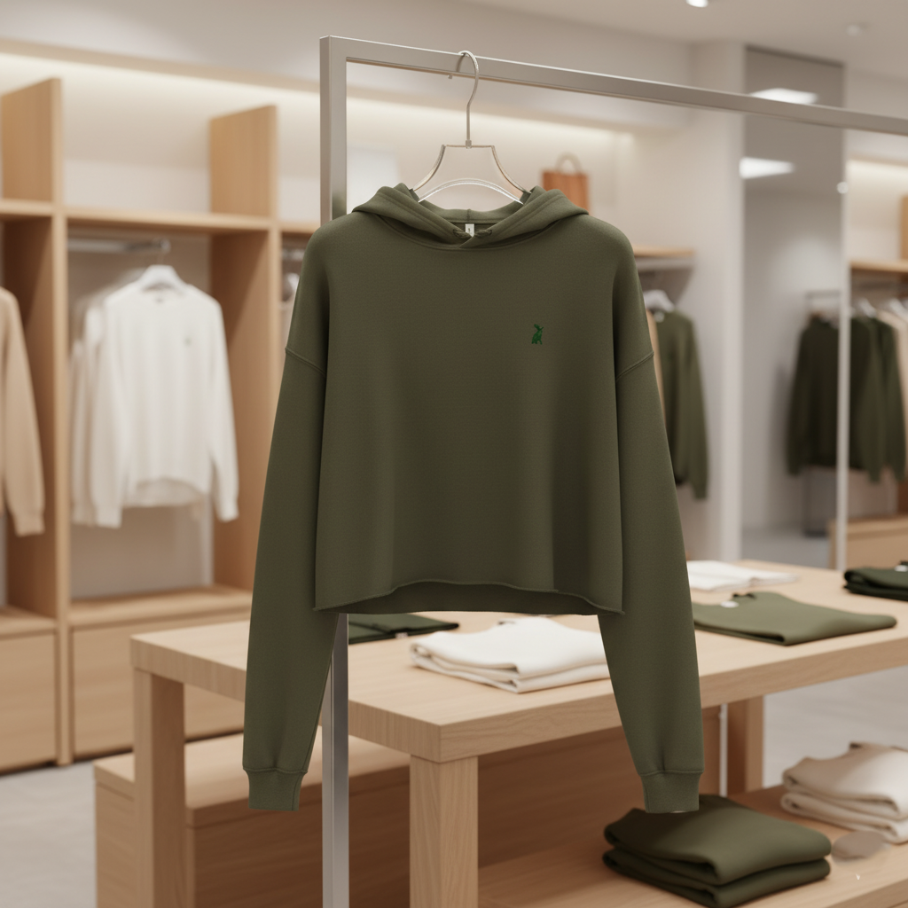 Exposición en tienda de la Sudadera KÖNE cropped verde oliva con capucha y logo bordado tono sobre tono, corte moderno y limpio.