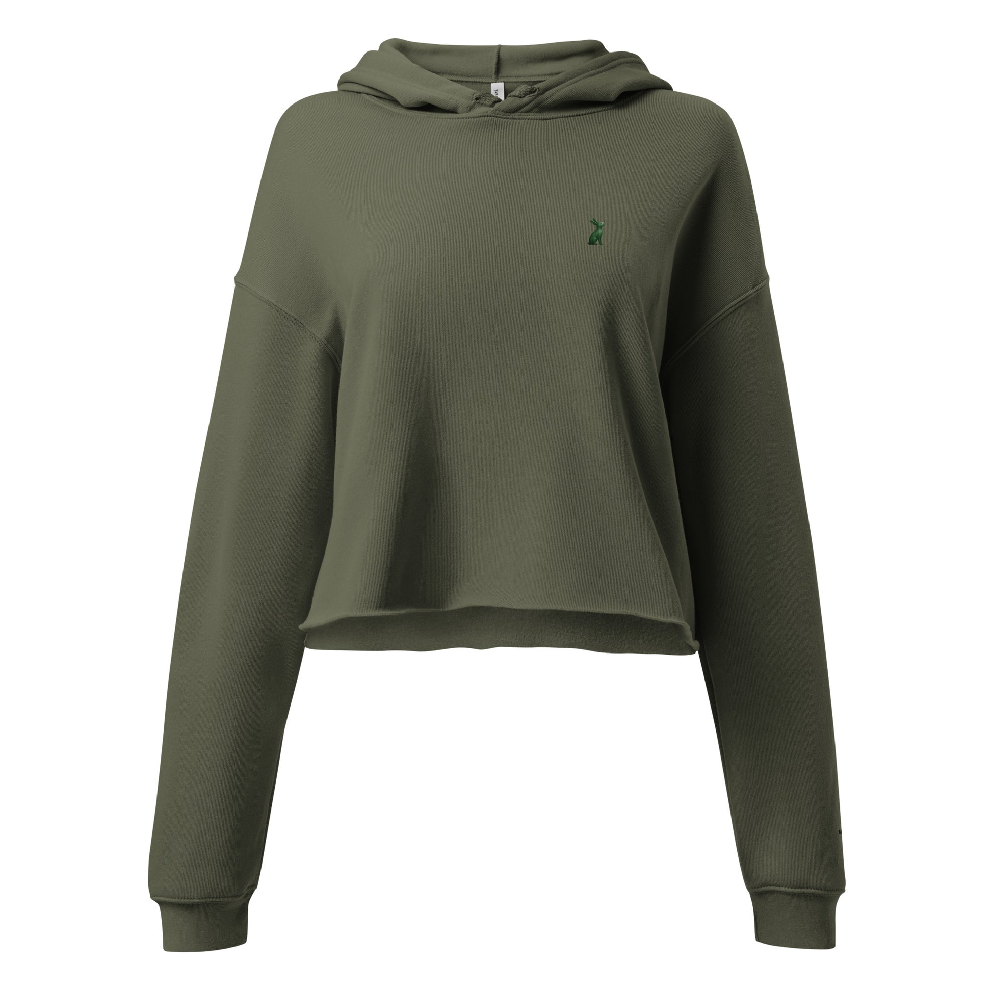 Sudadera KÖNE cropped verde oliva con capucha y logo bordado tono sobre tono, corte moderno y limpio.