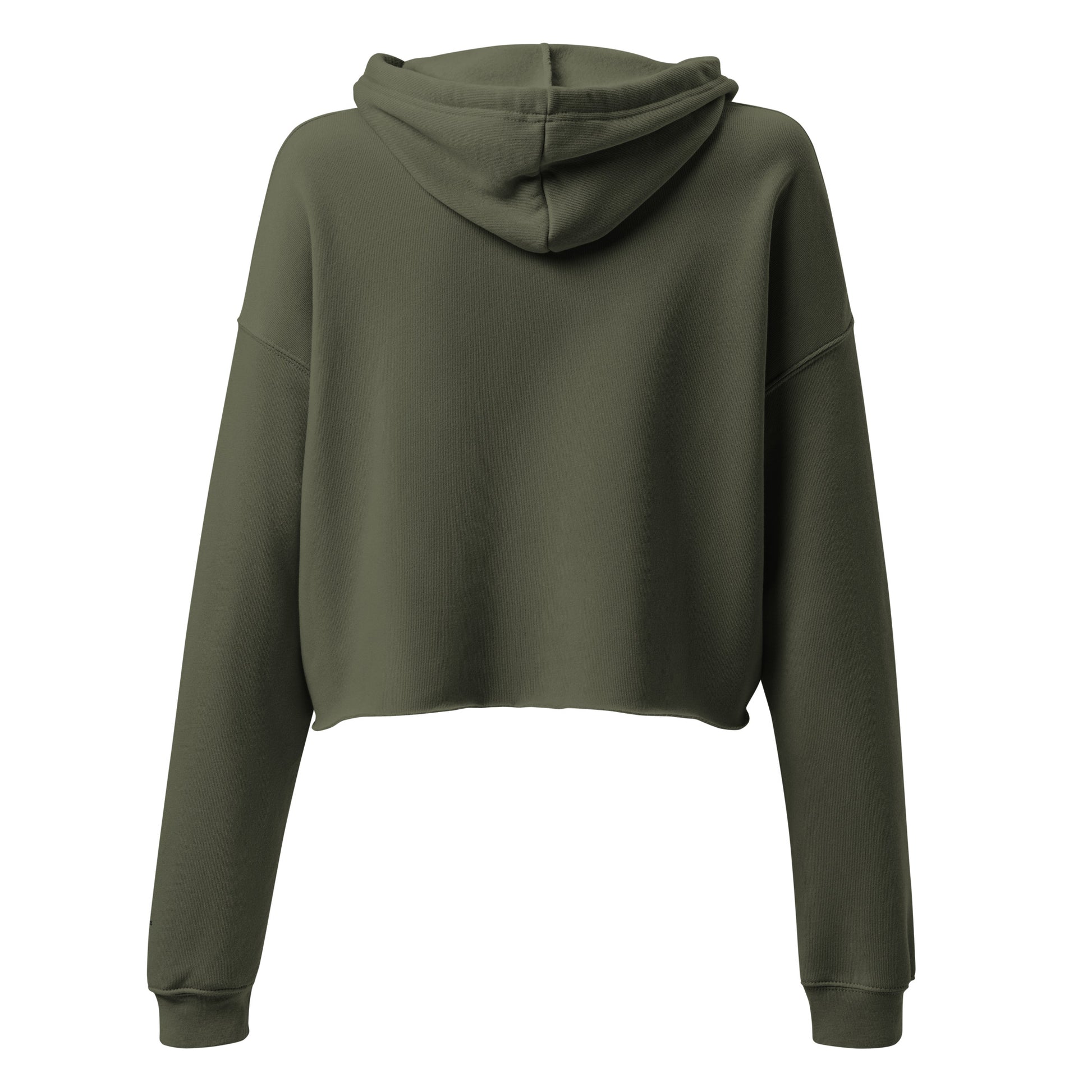 Parte trasera de la sudadera KÖNE cropped verde oliva con capucha y hombros caídos.