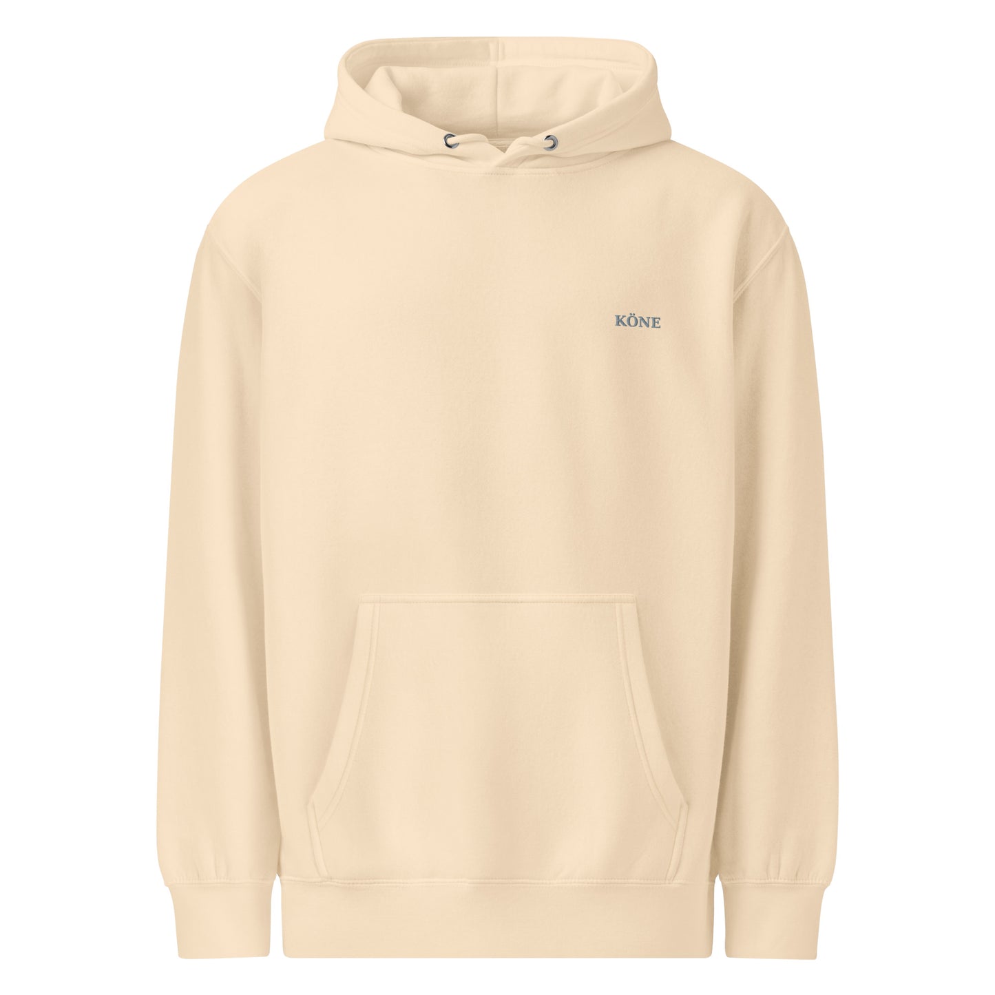 Vista frontal de la sudadera KÖNE beige con capucha.
