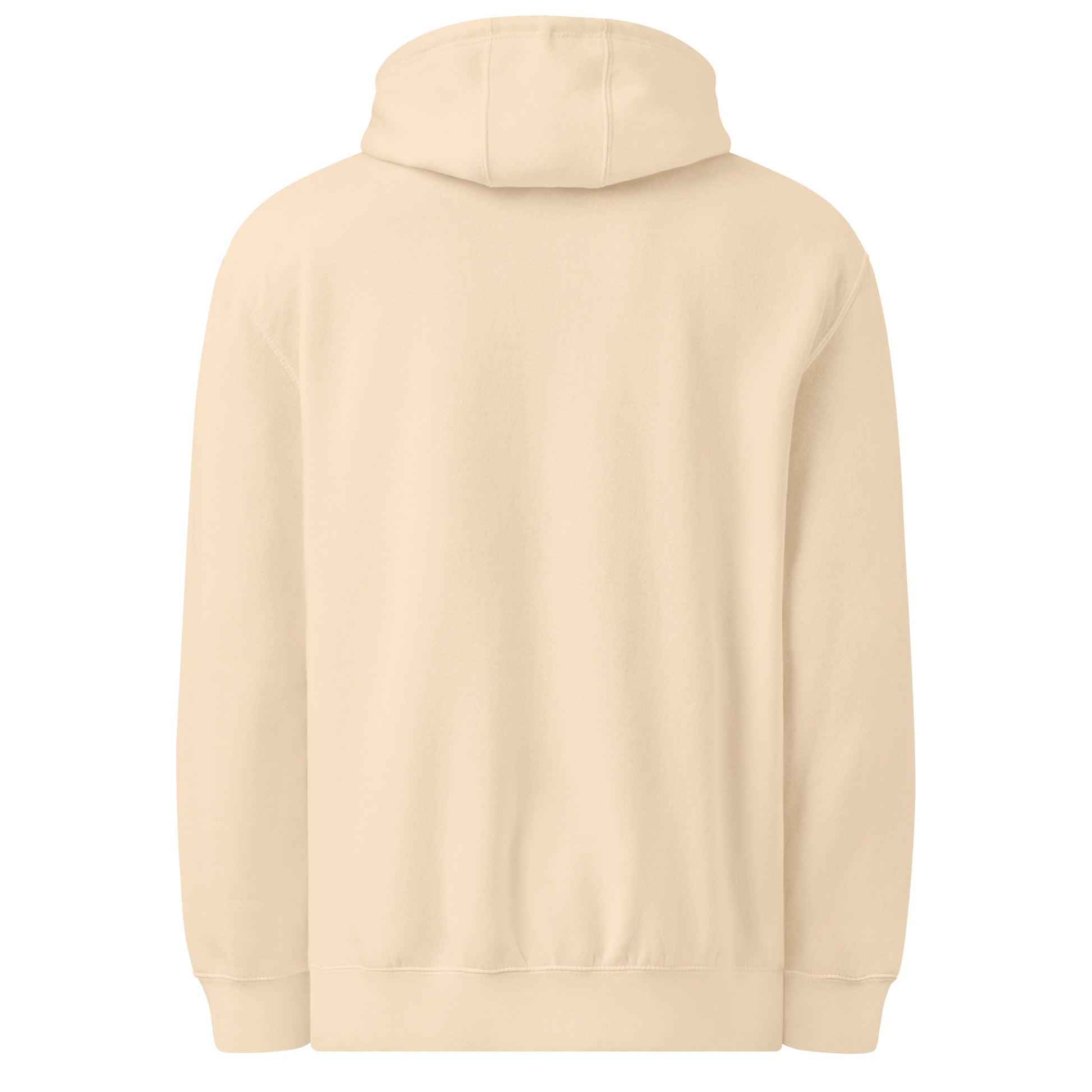 Vista trasera de la sudadera KONE beige con capucha.
