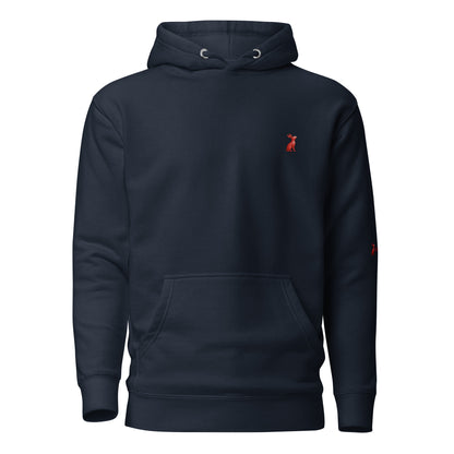 Sudadera azul marino KÖNE con logo rojo bordado, capucha de 3 paneles y bolsillo canguro.