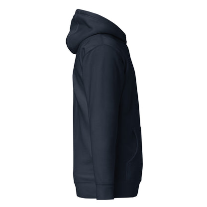 Vista lateral de la sudadera KÖNE azul marino con bolsillo canguro y acabado en canalé.