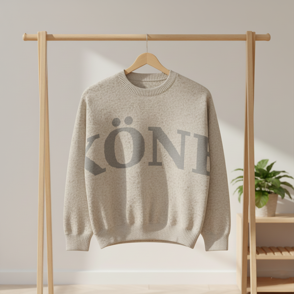 Suéter KÖNE beige colgado en percha, con logo XXL gris al frente, fondo neutro y luz cálida.