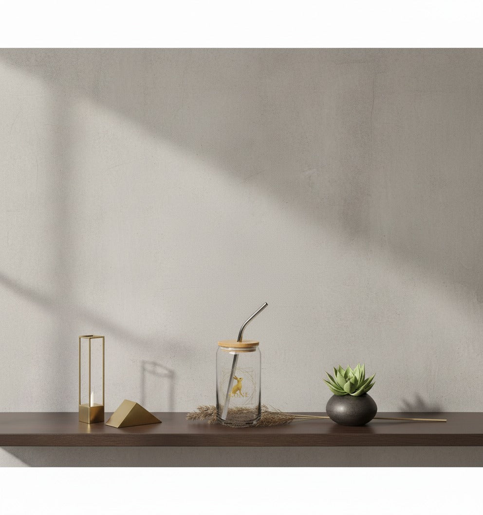 Vaso KÖNE de cristal con tapa y pajita bajo luz natural minimalista