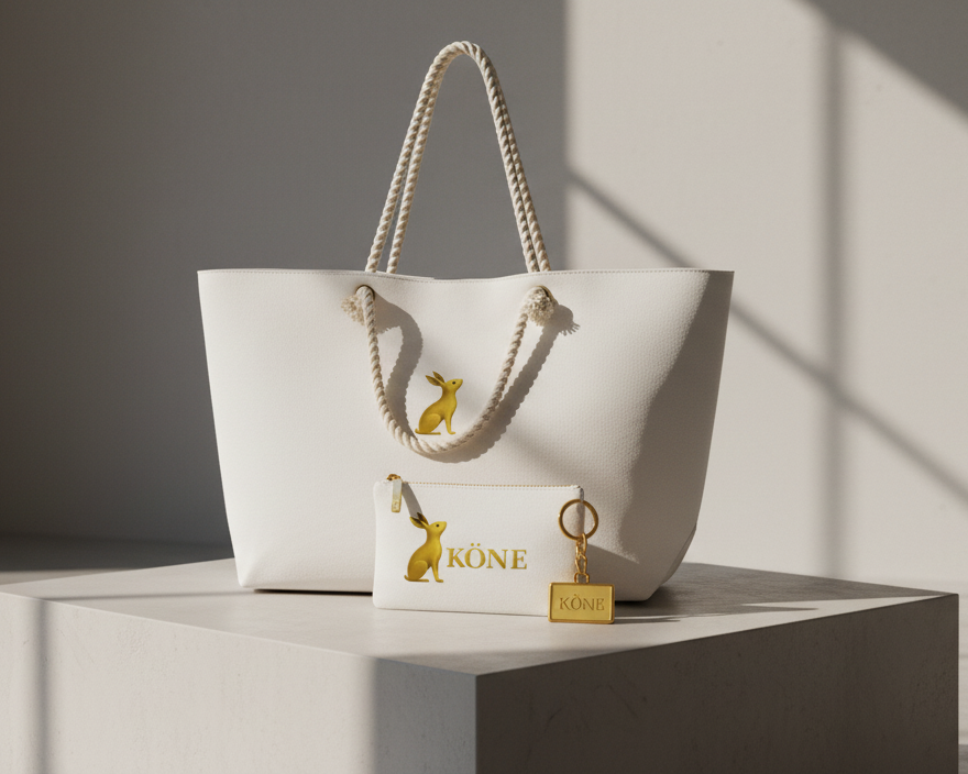 Bolso blanco minimalista KÖNE con logo dorado en un set de luz suave