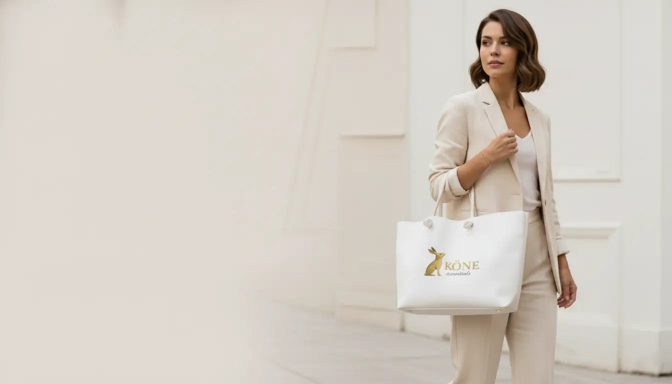 Mujer con conjunto beige minimalista KÖNE caminando por calle urbana - Moda sostenible premium