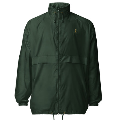 Cortavientos KÖNE verde oscuro unisex con logo dorado, resistente al agua y al viento.