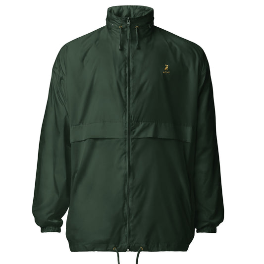 Cortavientos KÖNE verde oscuro unisex con logo dorado, resistente al agua y al viento.