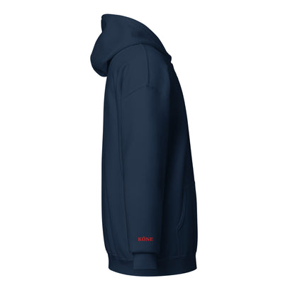 Vista lateral de sudadera KÖNE azul marino con capucha, estilo casual y moderno.
