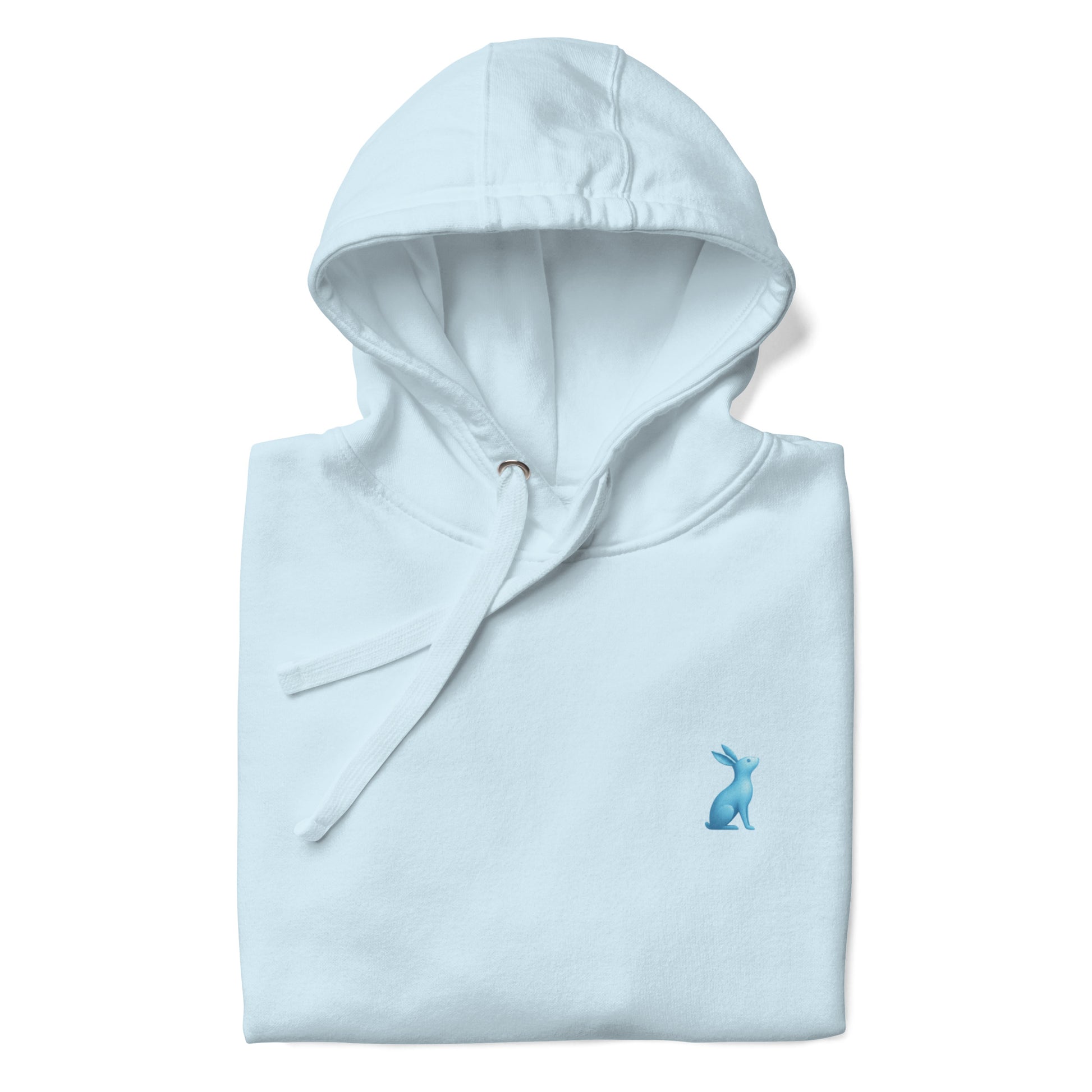 Detalle del logo KÖNE azul bordado y capucha con cordones planos sobre tejido blanco suave.