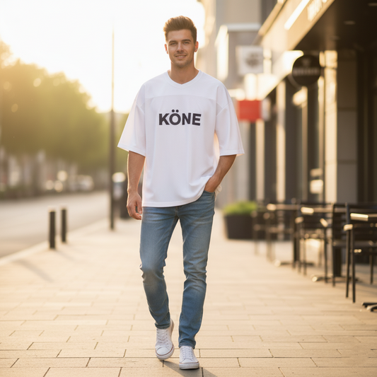 Modelo urbano llevando la camiseta KÖNE boxy en la calle, estilo streetwear