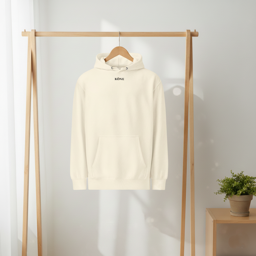 Sudadera KÖNE color crema colgada sobre perchero de madera, fondo beige minimalista.