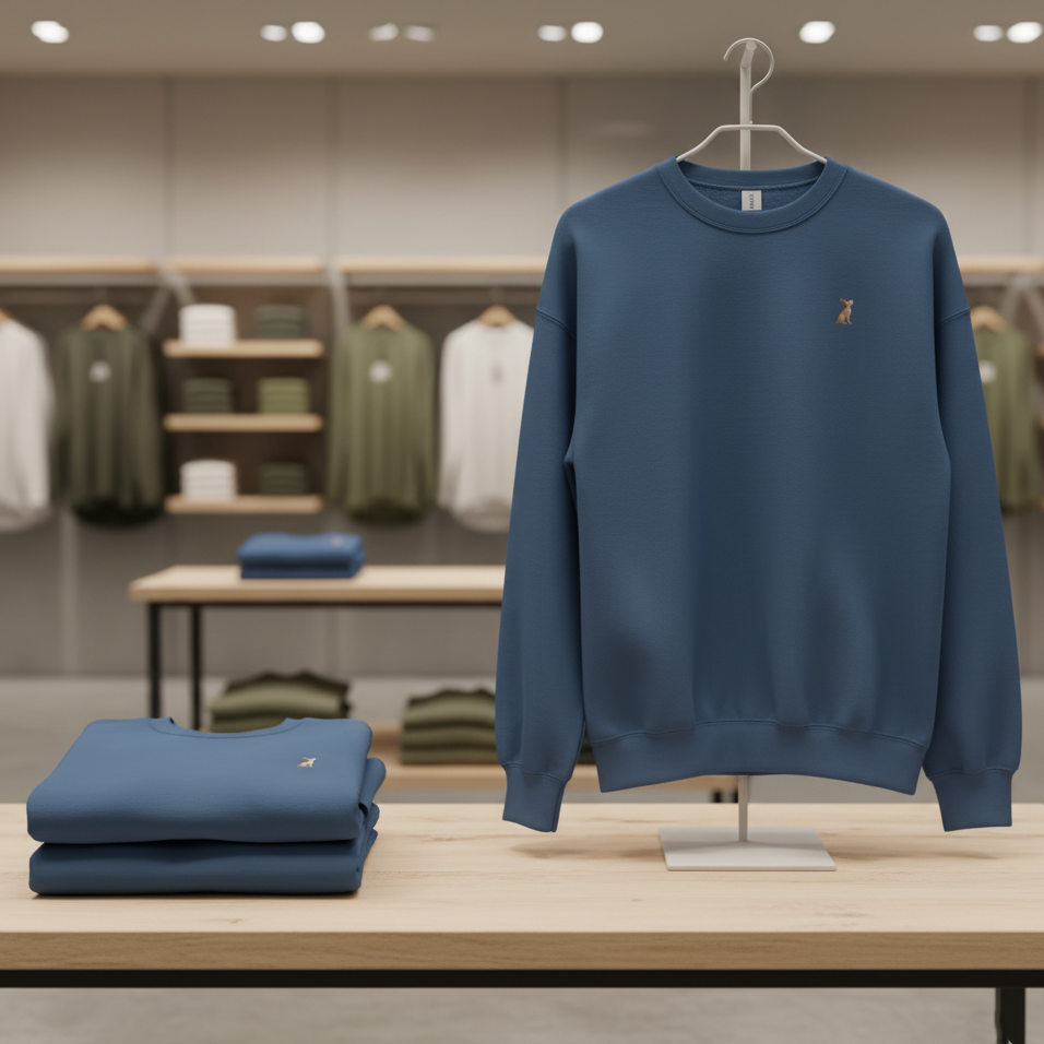 Detalle frontal de la sudadera KÖNE Essentials en azul índigo