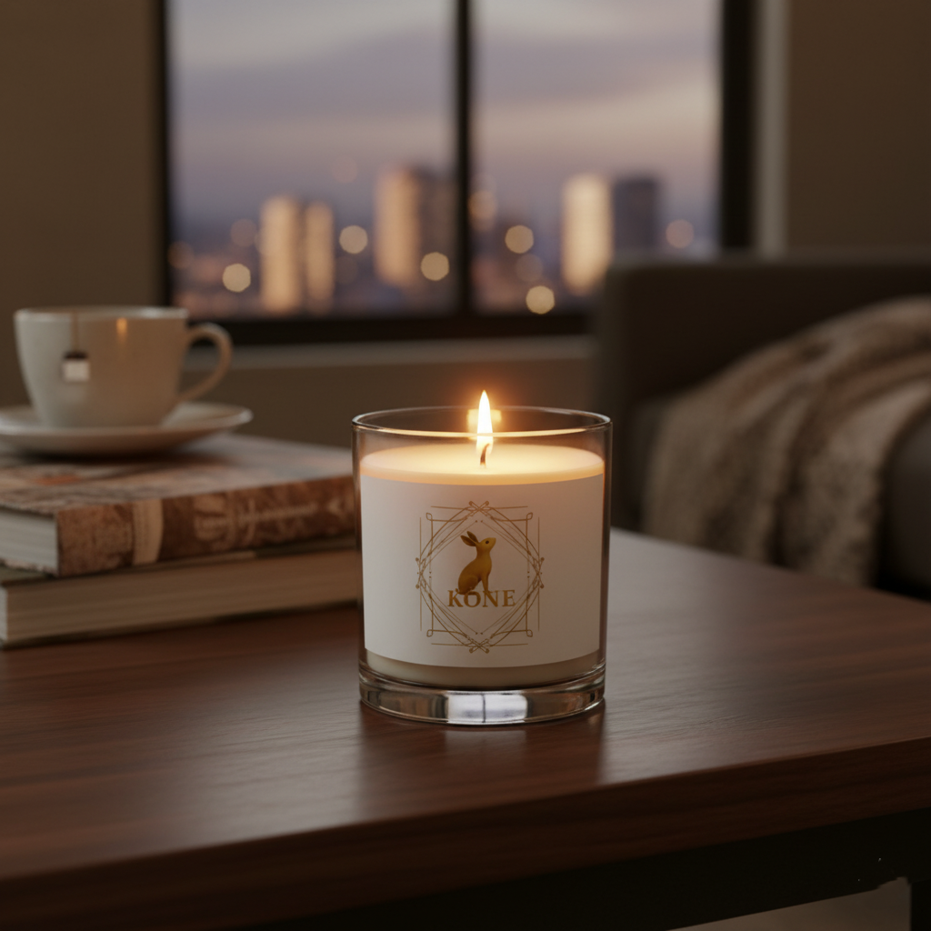 Vela KÖNE de soja encendida sobre mesa con fondo de ciudad al atardecer