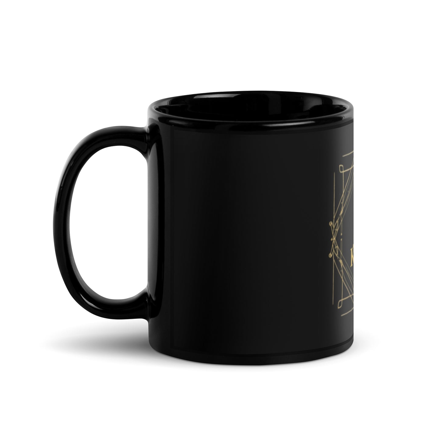 Taza negra KÖNE de cerámica brillante con logo dorado, vista frontal sobre fondo oscuro