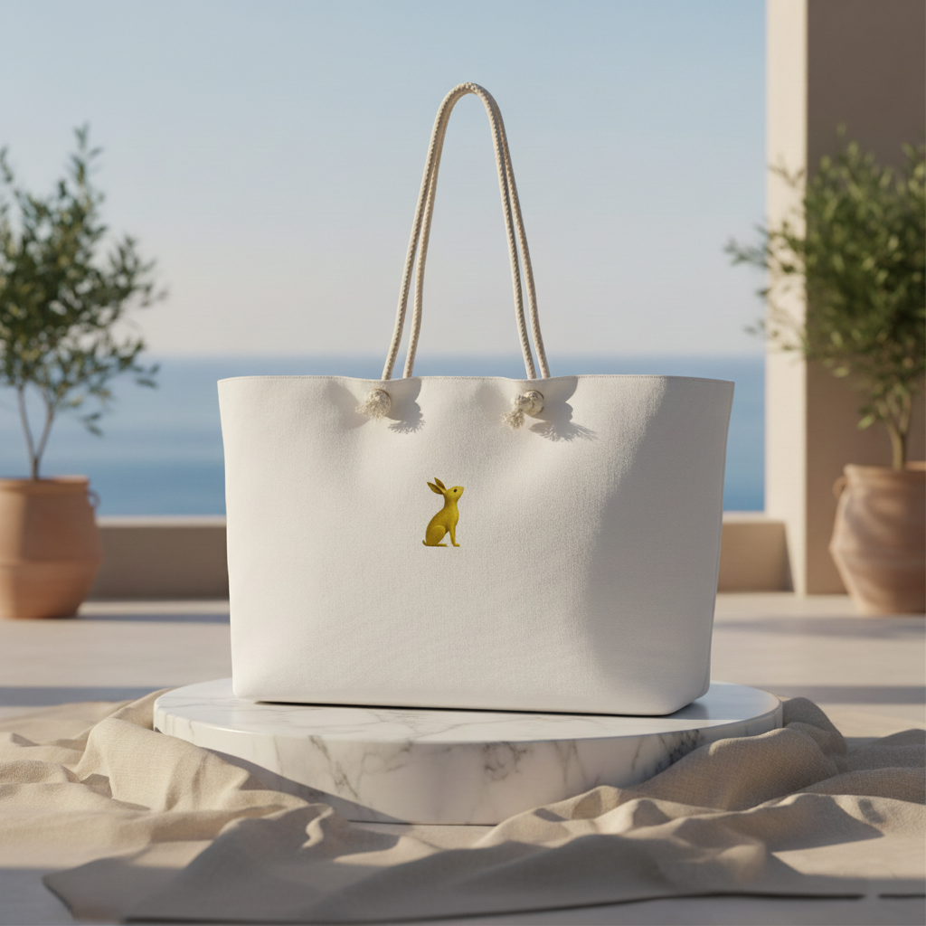 Bolsa KÖNE Weekender en piel sintética blanca con asas de cuerda sobre fondo mediterráneo. Diseño minimalista y veraniego.