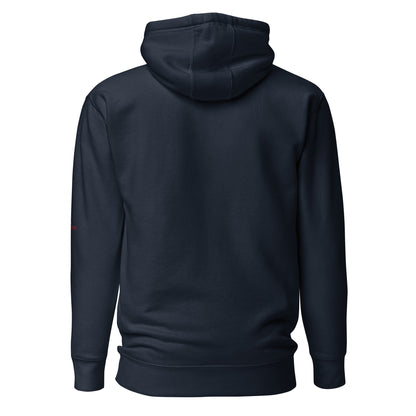 Sudadera KÖNE azul marino con logo rojo bordado y capucha, vista frontal sobre fondo neutro

