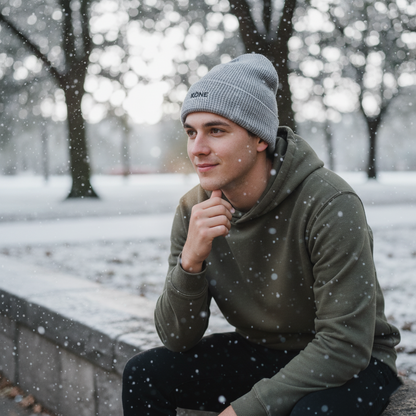 Modelo con gorro gris KÖNE caminando por la ciudad, estilo casual y moderno.