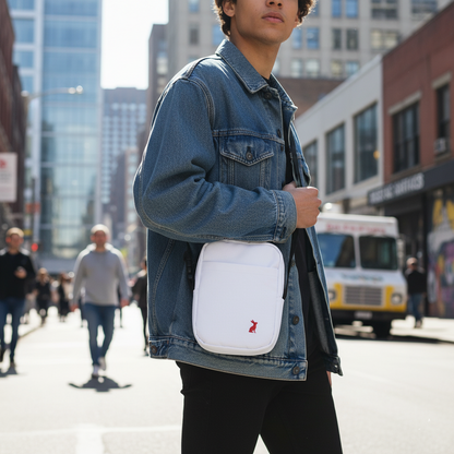 Modelo con bolso cruzado KÖNE blanco en la ciudad – estilo urbano minimalista