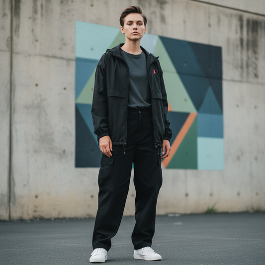 Modelo urbano con cortavientos negro KÖNE – estilo unisex y técnico